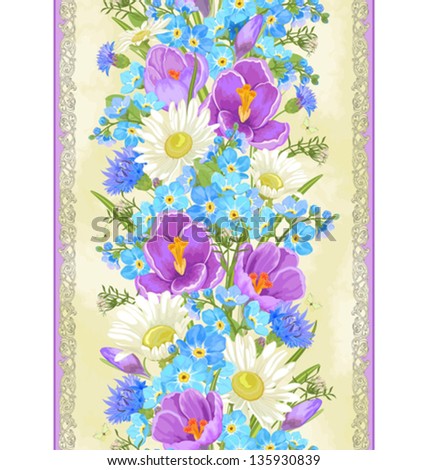 Vertical seamless pattern with chamomiles, crocuses and forget me not.
