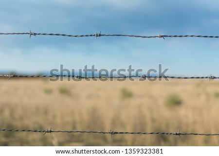closeup of an old rusty hawthorn fence, in the countryside, to keep cows controlled . Yellow field and blue sky background. Freedom concept
