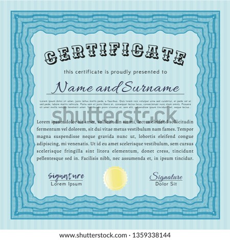 Light blue Awesome Certificate template. With guilloche pattern and background. Vector illustration. Money design. 