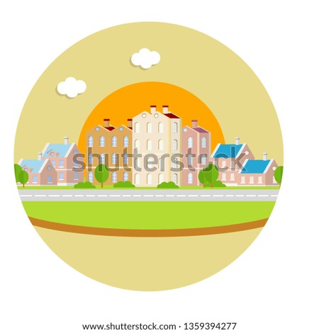 Urban cityscape with houses of different heights. Beautiful center of a small town with a road and trees. Summer day. sun in the blue sky. Cartoon flat city illustration