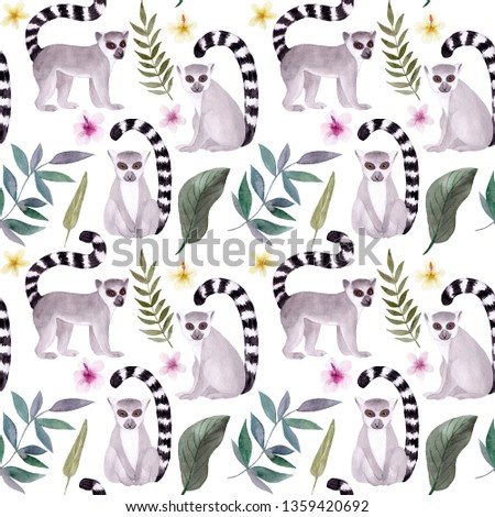 Seamless pattern. Watercolor hand painted lemur. Tropical wild animal clip art wildlife. Isolated on white background. Exotic funny cute animals in jungle. Design for baby fabrics, children textiles.