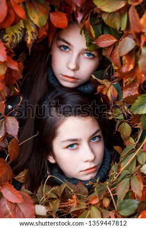 Twins sisters outside in autumn in ive leaves. unity with nature