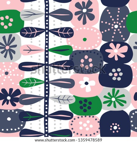 Floral seamless pattern with hand drawn ornament in scandinavian style. Abstract background with flower, vector illustration for print, design, fabric.