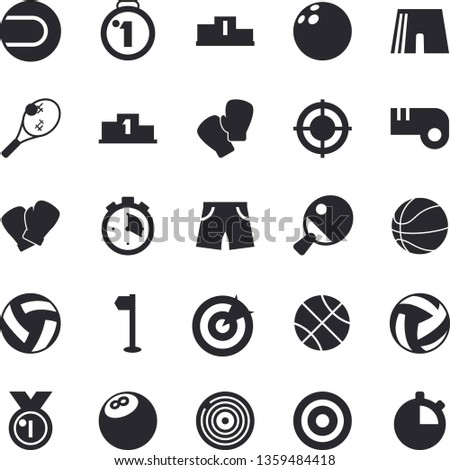 Solid vector icon set - target flat vector, medal, pedestal, bowling ball, basketball, volleyball, stopwatch, athletic shorts, sports flag, tennis, boxing gloves, table, whistle, fector