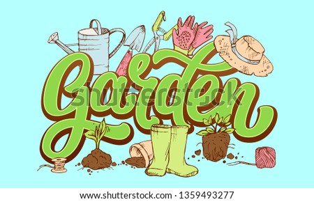 Lettering Garden word in fresh greenery surrounded by gardener's attributes
