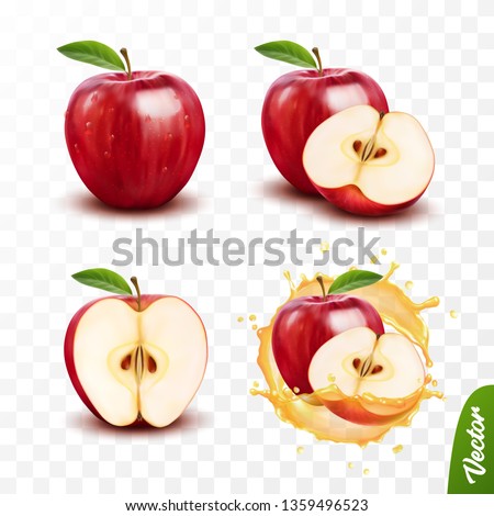 3d realistic transparent isolated vector set, whole and slice of apple, apple in a splash of juice with drops Royalty-Free Stock Photo #1359496523