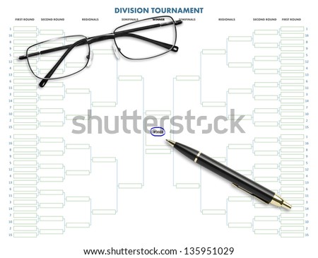 Division tournament table with pen & eyeglasses on white background