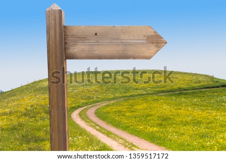 One Wooden Signpost under Blue Sky and in Front of Summer Meadow