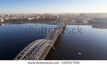 aerial view metal rail way bridge over the river