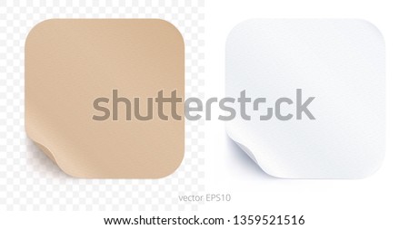 Vector set of adhesive stickers with a folded edges. Tan cardboard and white paper rounded squares. Blank templates of a price tags. Empty mockup for any memos. Realistic textures. Transparent shadows Royalty-Free Stock Photo #1359521516