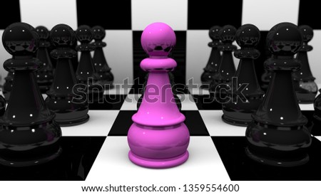 3D illustration of uniqueness and individuality concept. Black color pawns chess pieces with pink color pawn chess piece on the black and white board.