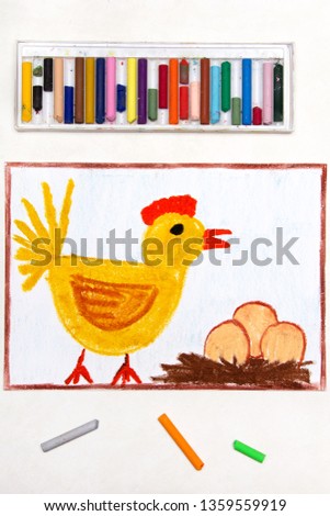 Colorful drawing: brooding hen and three eggs in a nest