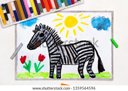 Colorful drawing: Cute smiling zebra, wild animal