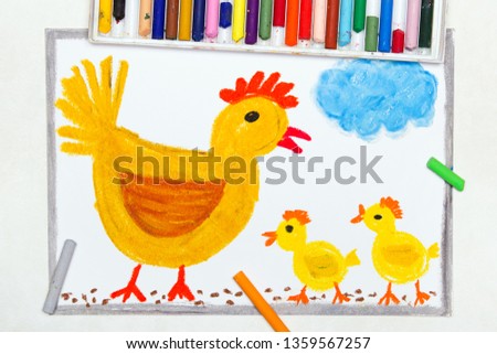 Colorful drawing:  brooding hen and three little chickens