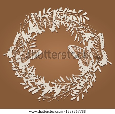 Floral frame a wreath with butterflies for laser cutting. Vintage leaf border, antique style whirlwind, decorative element design for wedding and festive design. Label, card, invitation, decoration