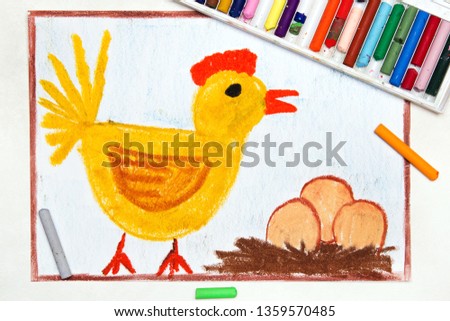 Colorful drawing: brooding hen and three eggs in a nest