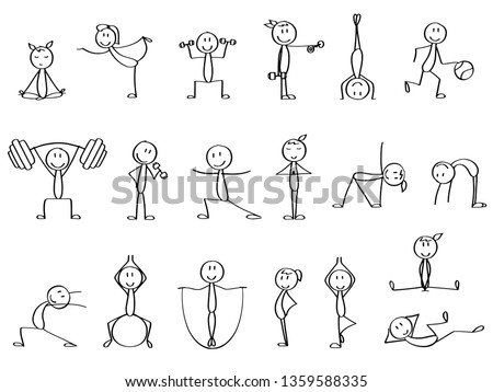 Set of cute stick figures making sports in different poses. Simple drawn doodles, expressing emotions, perfect for a presentation or commercial purposes.  Royalty-Free Stock Photo #1359588335