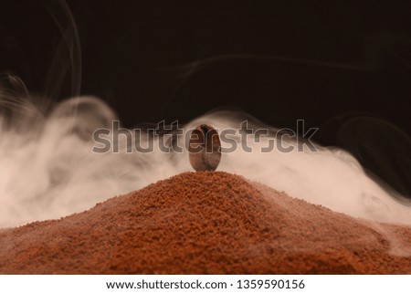 Fresh roasted coffee bean stands on a scattering of ground coffee in the smoke. Black background. Post card, banner.