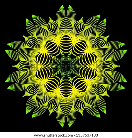 Sacred Oriental Mandala. Color Floral Ornament. Abstract Shapes In Asian Style. Vector Illustration. Black green yellow color.
