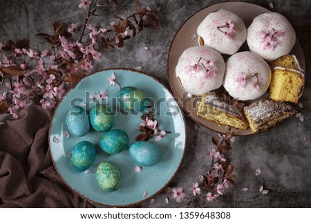 Easter bread and eggs with flowering twigs .Spring theme