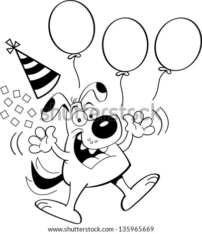 Black and white illustration of a dog jumping with balloons and a party hat.