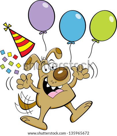 Cartoon illustration of a dog jumping with balloons and a party hat.