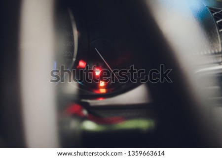 Set of car dash boards petrol meter, fuel gauge, on black background concept warning checking oil.