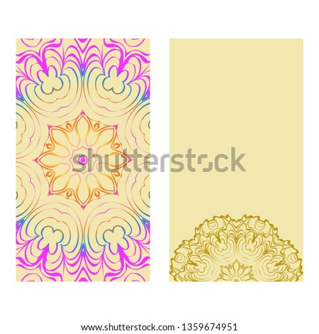 Ethnic Mandala Ornament. Templates With Mandalas. Vector Illustration For Congratulation Or Invitation. The Front And Rear Side. Rainbow, yellow color.