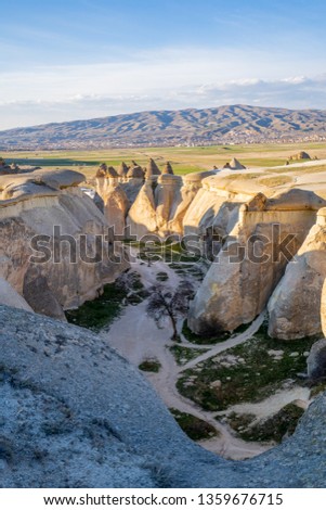Panoramic view from the structure of Cappadocia. Impressive fairy chimneys of sandstone in the canyon near Pasabagları village, Cappadocia, Nevsehir Province in the Central Anatolia Region of Turkey