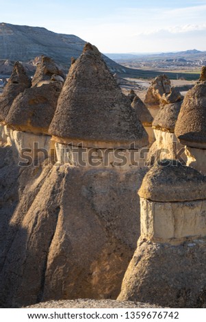 Panoramic view from the structure of Cappadocia. Impressive fairy chimneys of sandstone in the canyon near Pasabagları village, Cappadocia, Nevsehir Province in the Central Anatolia Region of Turkey