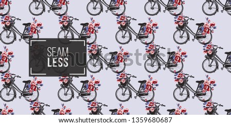 Seamless pattern with Parisian city bike with basket with flowers. French symbols hand drawn illustrations. Watercolor style vector background.