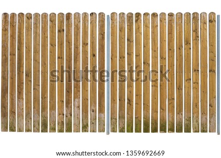 Isolated vertical linear stripe pattern of rough wooden fence with small gap on white background. Fence can be continue seamless horizontal direction.