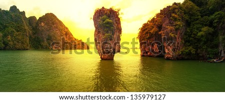 Phuket Thailand panoramic travel photography at sunset of exotic James Bond island