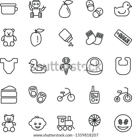 thin line vector icon set - baby powder vector, bib, Child T shirt, rubber duck, duckling, warm socks, toy mobile phone, children's potty, teddy bear, small, hairdo, train, bicycle, tricycle, pear