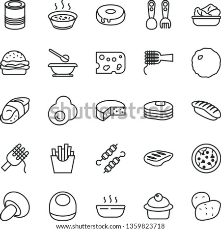 thin line vector icon set - baby bib vector, plates and spoons, plastic fork, piece of cheese, tin, pizza, burger, spaghetti, noodles, porcini, muffin, cake with a hole, porridge in saucepan, hot