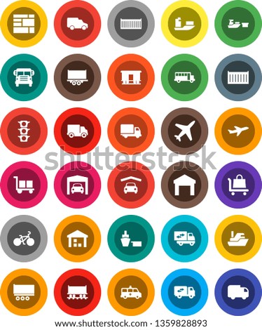 White Solid Icon Set- school bus vector, bike, Railway carriage, plane, traffic light, ship, truck trailer, sea container, delivery, car, port, consolidated cargo, warehouse, amkbulance, garage