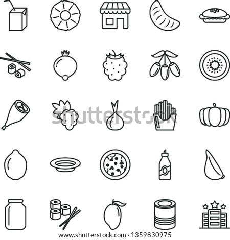thin line vector icon set - packing of juice with a straw vector, tin, pizza, pie, plate, grill chicken leg, garlic, fried potato slices, Chinese chopsticks, sushi set, liquor, grape, medlar, mango