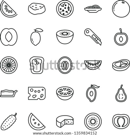 thin line vector icon set - stationery knife vector, piece of cheese, pizza, slices onion, cake slice, bacon, meat, cucumber, orange, sandwich, water melon, half mango, peach, cherry, lemon, kiwi