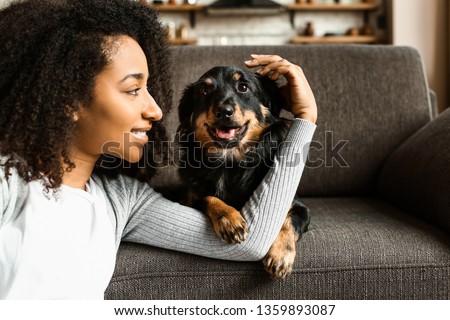 Beautiful African-American woman with cute dog at home Royalty-Free Stock Photo #1359893087