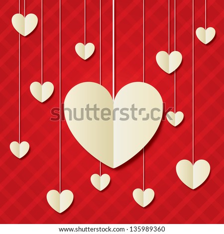 Paper hearts red background. Valentines day card. White vintage floral element. Geometrical 3d shape (shadow).