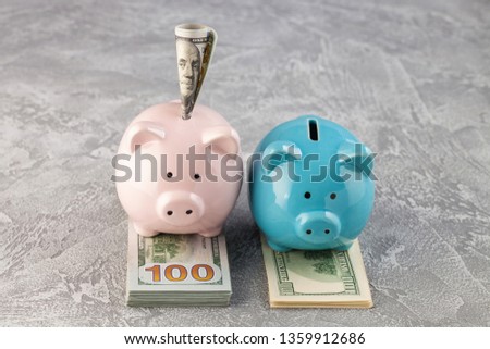 Piggy bank and dollar cash money. Business, finance, investment, saving and corruption concept. Pink Background
