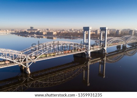 aerial view metal rail way bridge over the river