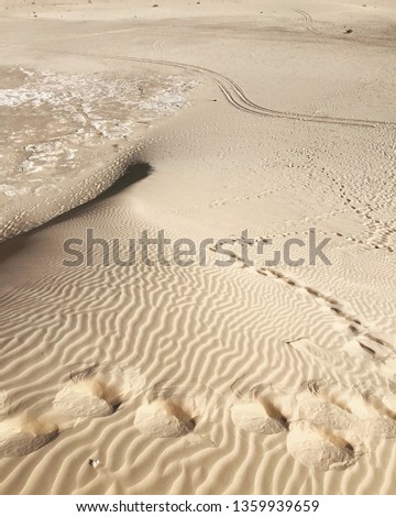 Landscape of sand dune pattern with footmarks and car tire marks on surface