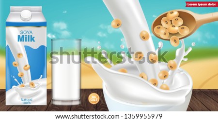 Soy milk mock up ads with splash Vector realistic. Milk box product placement. Label design. 3d detailed beans. Natural fields bokeh background