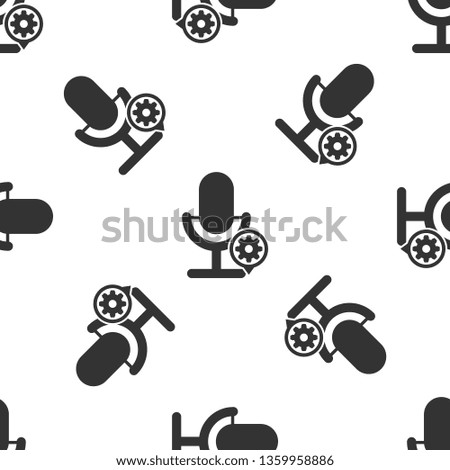 Grey Microphone and gear icon isolated seamless pattern on white background. Adjusting app, service concept, setting options, maintenance, repair, fixing. Vector Illustration