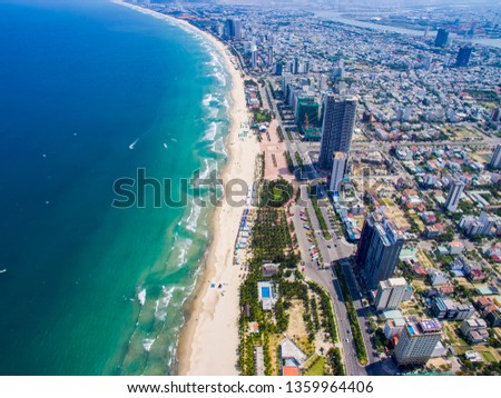 Aerial view of Da Nang beach which is one of the most beautiful beach in the world.