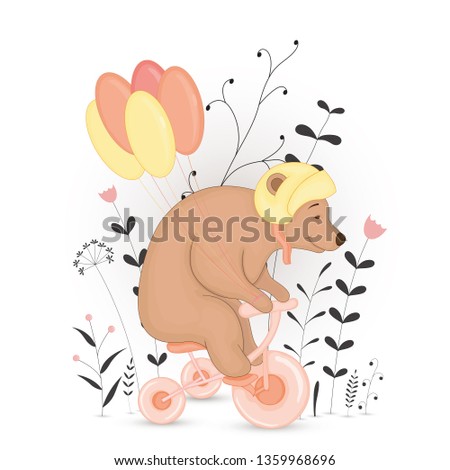 Gift postcard with cartoon animals bear. Decorative floral background with branches and plants.