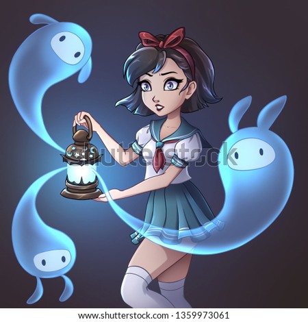 Scared girl holding magic lantern. Cute funny blue ghosts. Brunette girl wearing blue japanese school uniform. Hand drawn illustration. Can be used for Halloween cards, children games, t-shirt. 