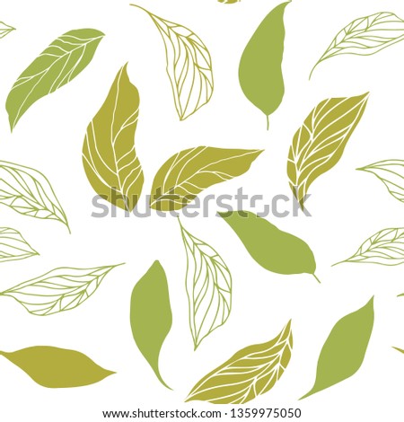 Leaves background. Vector seamless pattern with hand drawn leaves outlines. Simple shapes on white background.
