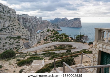 Panorama to snake road and mountains from viewpoint Cap de Formentor lighthouse also called cape the Meeting point of the winds. Northernmost highest point of Mallorca island, Balears Islands, Spain. 